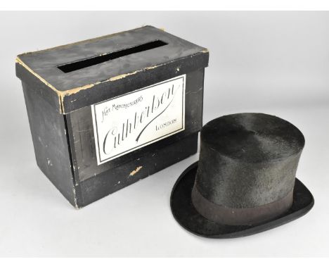 A Vintage Moleskin Top Hat in Original Cardboard Box by Cuthbertson, Inner Measurements 7.5" x 6" 