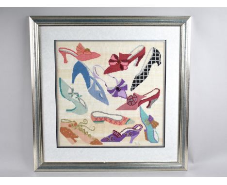 A Framed Jewelled Tapestry Depicting Ladies Shoes Signed Judy, 39cms Square 