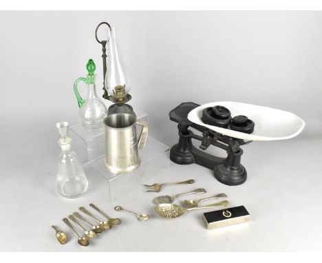 A Collection of Various Items to Comprise Glass Decanters, Pan Scales etc 