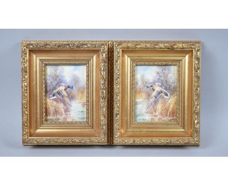 A Pair of Miniature Gilt Framed Miniature Painted Plaques by R Poole, Painter for Royal Worcester Factory, 9cms by 6.5cms 