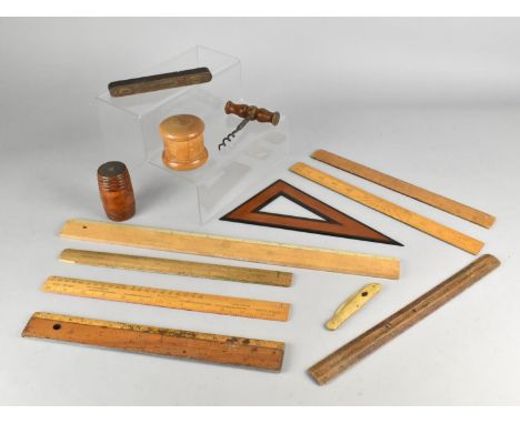 A Collection of Various Vintage and Other Treen to Comprise Rulers, Turned Wooden Pots and a Corkscrew Together with a 19th C