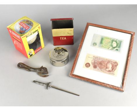 A Framed Bank of England £1 and Ten Shilling Note Set, a Midland Bank Money Box, Tin Plate Tea Caddy Containing Keys, Bully B