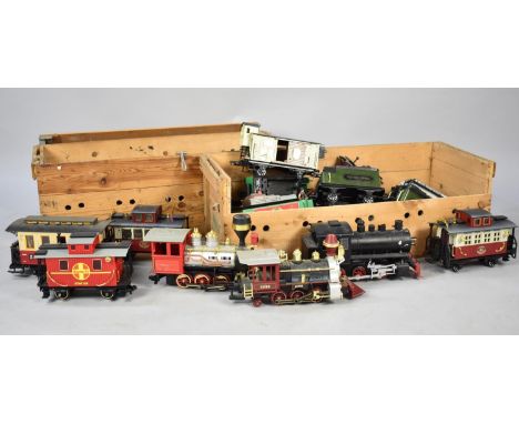 Two Wooden Boxes Containing Locomotives, Carriages and Track for a G-scale Garden Railway, Incomplete and with Condition issu