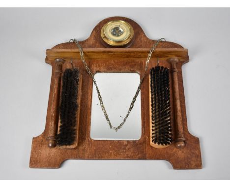 An Edwardian Wall Hanging Combination Mirror with Barometer and Brushes of Architectural Form, 36cm wide 