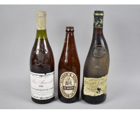 Two Bottles of Châteauneuf du Pape, Ma Fiole Du Pape and 1990 Les Arnevels together with a Vintage Empty Flower and Sons Beer