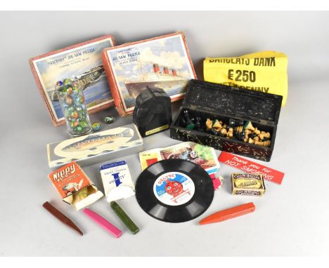 A Collection of Various Vintage Items to Comprise Two "Victory" Jigsaw Puzzles, Marbles, Chess Pieces, Nippy Senior Can Opene