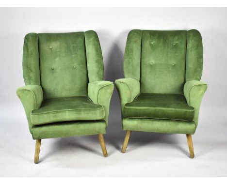 A Pair of Vintage Green Upholstered Button Backed Armchairs 