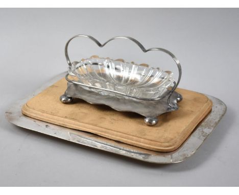 A Vintage Silver Plate and Wooden Breadboard together with a Silver Plate and Glass Preserve Dish 