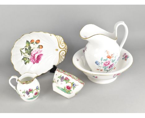A Spode Floral Decorated Wash Bowl and Jug, a Copeland Spode Bowl and Jug and a Spode Strawberry &amp; Rose Shaped Dish 