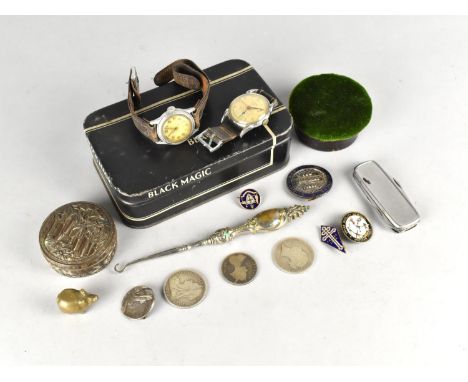 A Small Collection of Items to Comprise Victorian Silver Coins, Vintage Wristwatches, Record Cleaner Needle Container etc 