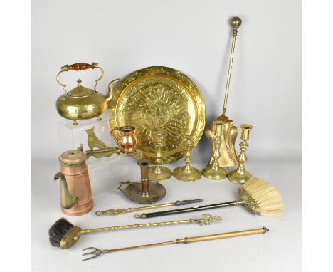 A Collection of 19th Century and Later Metalwares to Comprise Toasting Fork, Brass Candlesticks, Amber Glass Handled Kettle e