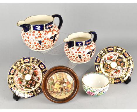 A Collection of Ceramics to Comprise Two Davenport Imari Plates, Imari Jugs, Prattware Pot Lid and a Crown Staffordshire Bowl