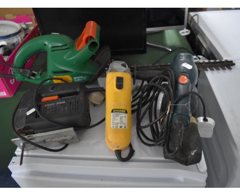 A Collection of Various Electric Power Tools to include Hedge Cutter, Jigsaw, Sander, Grinder, All Untested 