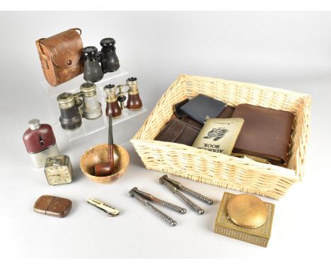 A Collection of Various Vintage and Later Items to Comprise Opera Glasses, Hip Flask, Travel Clock, Nutcrackers, Leather Wall