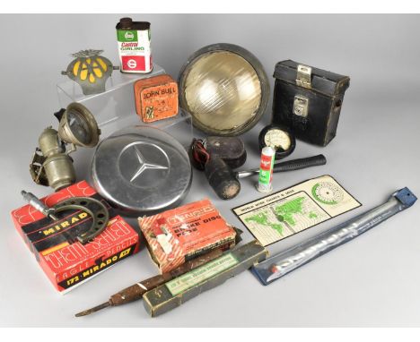 A Collection of Various Vintage Car and Other Items to Comprise AA Badge, Large Lucas Lamp, Mercedes Cap, Cowley Level, Castr