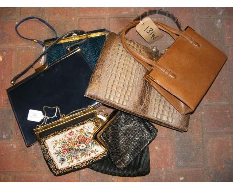 A vintage 1960's Widegate of London black leather bag, together with six other ladies bags/purses 