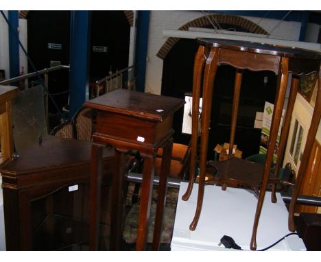 A circa 1920's two tier plant stand, pie crust occasional table and corner wall cupboard 