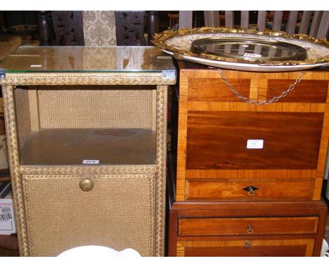 A Lloyd Loom bedside cabinet, together with multi wood sewing box and a wall mirror 