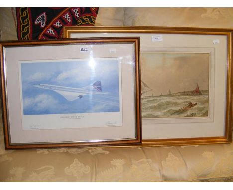 S GALLOWS - watercolour of tall ship in stormy seas, together with a Limited Edition print entitled 'Concorde - End of an Era