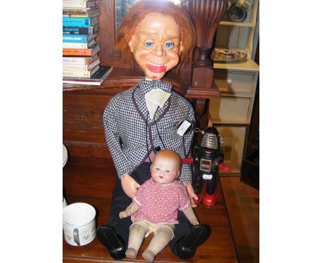 A vintage 1970's 'Mister Parlanchin' Ventriloquist's doll, together with clockwork Atomic Robot and a bisque head doll 