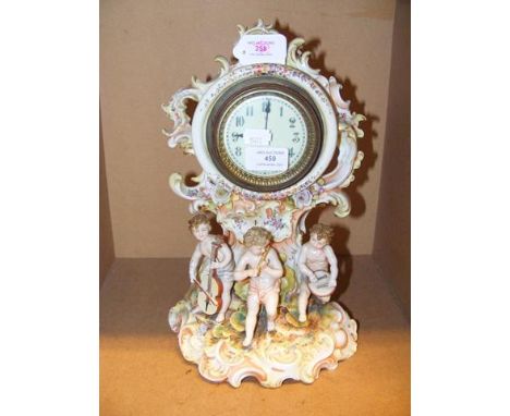 A continental porcelain clock with cherub group below clock face 