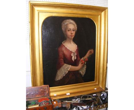 An antique oil on canvas portrait of lady holding flowers in gilt frame - 75cm x 62cm