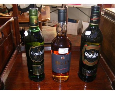 Two bottles of Glenfiddich 12 Years Old Single Malt Scotch Whiskies, together with a Bell's Special Reserve 