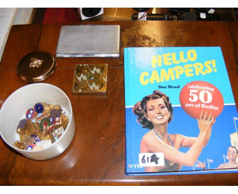 A 1950's Vogue Vanity's compact bearing witch and black cat motif, assorted mid century enamel Butlins pins, other collectabl