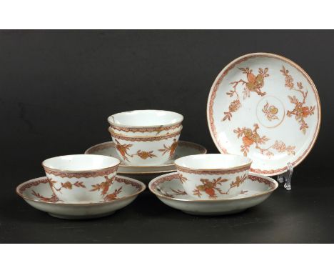 A lot of (5+4) porcelain rouge de fer cups and saucers. China, 18th century.Dima.: 11,5 cm.