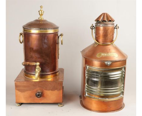 A lot consisting of a copper ship lamp and a tap jug.