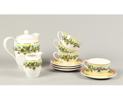 A lot of porcelain consisting of a coffee pot, creamer and four cups and saucers with a decoration of leaves, Rosenthal for V