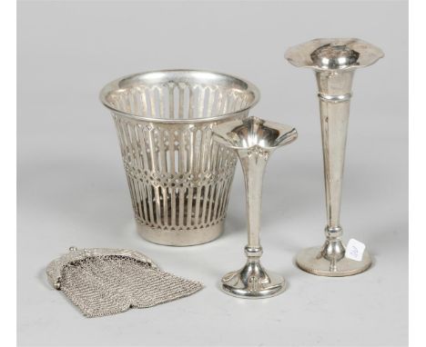 A lot consisting of (2) various soliflore orchid vases, a spoon vases (850/1000), and a chain mail purse with 3rd grade silve