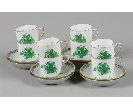 A set of porcelain cups and saucers (coffee) with Apponyi green decor. Herend, late 20th century.