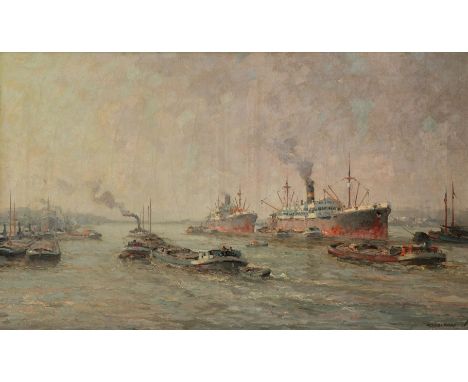 G.J. Delfgaauw  (1882-1947)View in the port of Rotterdam, signed (lower right), and to be dated pre- 1940, oil on canvas60 x 
