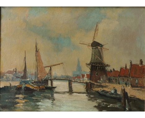 Dutch School, first half of the 20th century, A tower mill on a canal. Possibly Windmill "De Adriaan" in Haarlem. oil on deck