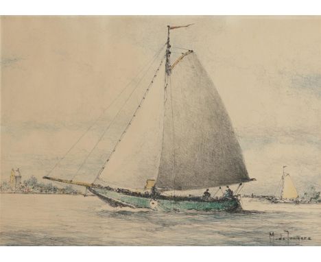Marinus Drulman onder Pseudoniem "M. de Jongere" ( (1912-1977)AÊflat bottom boatÊon the Zuiderzee; An incoming flat bottom bo