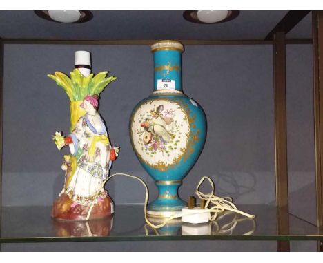 A Chinoiserie porcelain figural table lamp, 30cm high; a continental porcelain pedestal vase, painted with a courting couple 