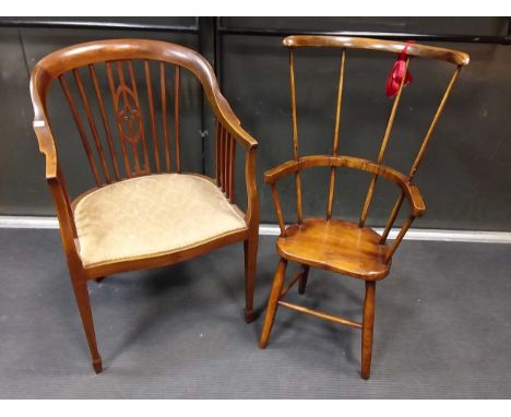 An Edwardian tub chair and a country stick back child's chair (2)