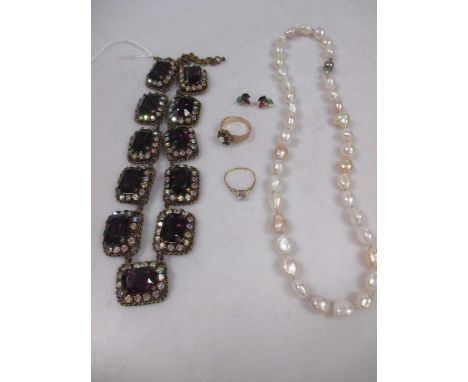 to include a diamond single stone ring, an opal and garnet dress ring, a pair of freshwater baroque pearls a pair of multi ge