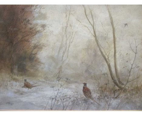 "Pheasants in the Snow", signed and Dated '92, pastel, 29x41cm; and two coloured etchings of Hunting Dogs by Henry Wilkinson 