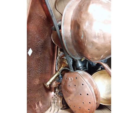 A collection of copper and brass, including an 18th century brass candlesticks plus a pair of plated candelabra.