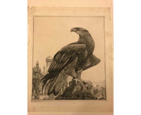 A chained eagle with middle eastern scenery to the background, etching, signed below in pencil, 43.5 x 35cm (sheet, mounted o