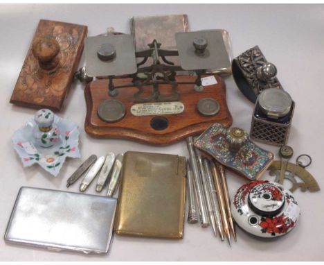 including letter scales, pendant scales, blotters, inkwells, pens, cigarette cases, hip flask and penknives, some items hallm