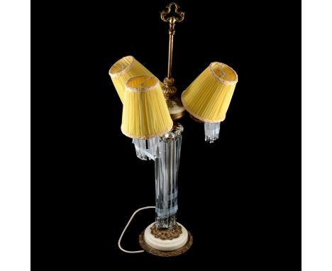 Gilt metal and marble three-light lamp with prism drops, pleated shades, 74cm.