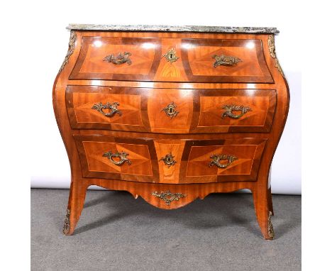 Continental mahogany and kingwood chest of drawers, Louis XV style, bombe form, with serpentine marble top, gilt metal appliq