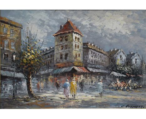 C Burnett, two Paris scenes, oils on canvas;K Osman, a similar oil on canvas; another of Venice, indistinctly signed.Qty: 4