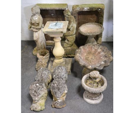 Two rectangular stone sinks, (used as garden planters), 70x51cm and 70x49cm, garden ornaments, including sundial, two statues