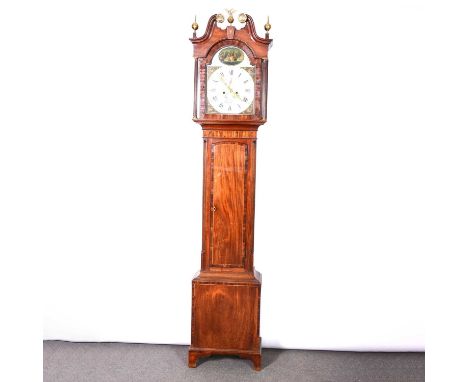 Mahogany longcase clock, the hood with swan neck pediment, brass finials, fluted columns, the trunk with long door flanked by