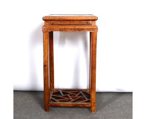 Chinese hardwood side table, square moulded top above a shallow frieze drawer, square section supports joined by a crazed ope