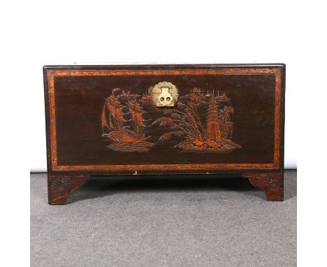 Campher wood blanket box, carved with Chinese scenes, tray slide to interior, label for Kam Wah Co, Hong Kong, width 102cm, d